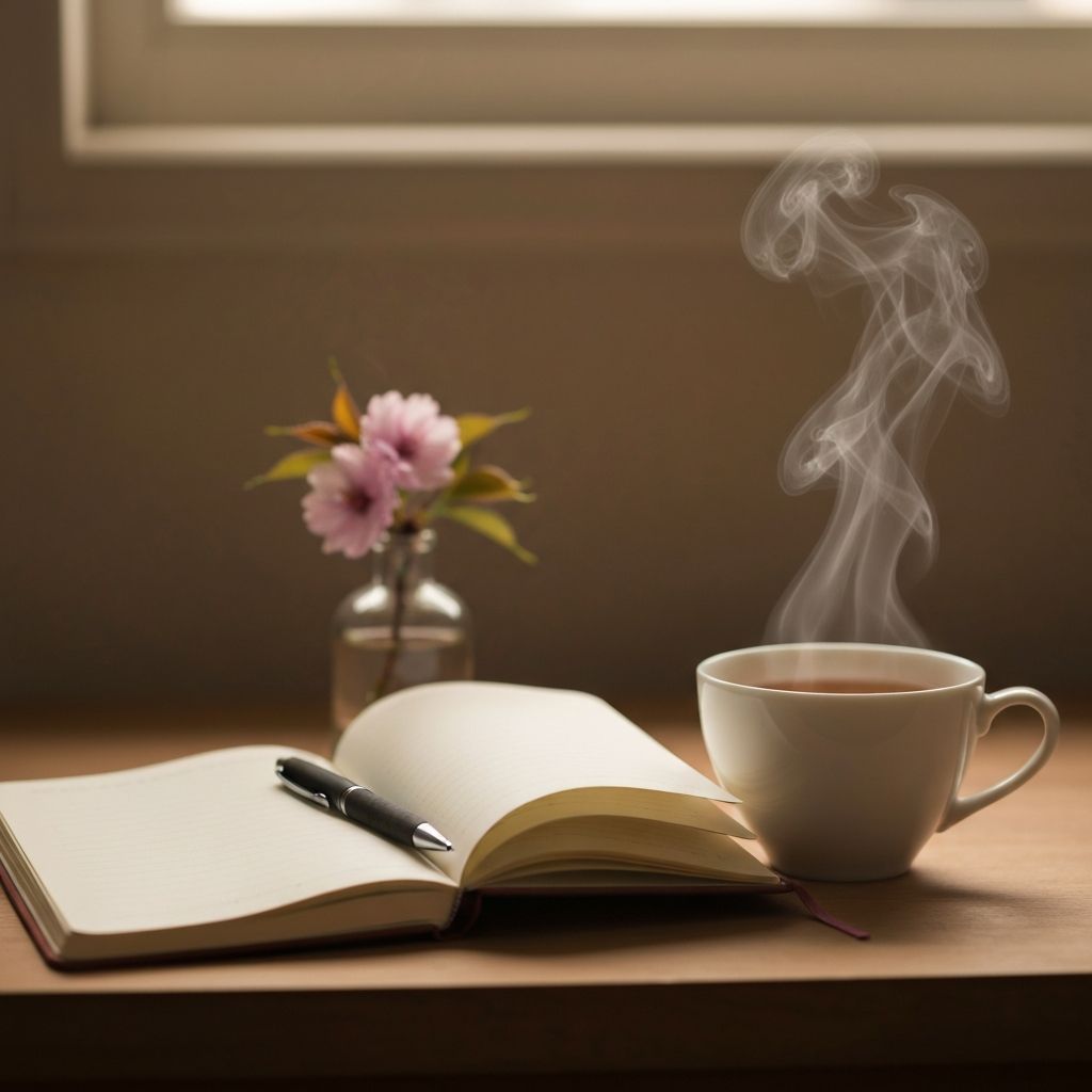 Open journal with pen and teacup in warm light